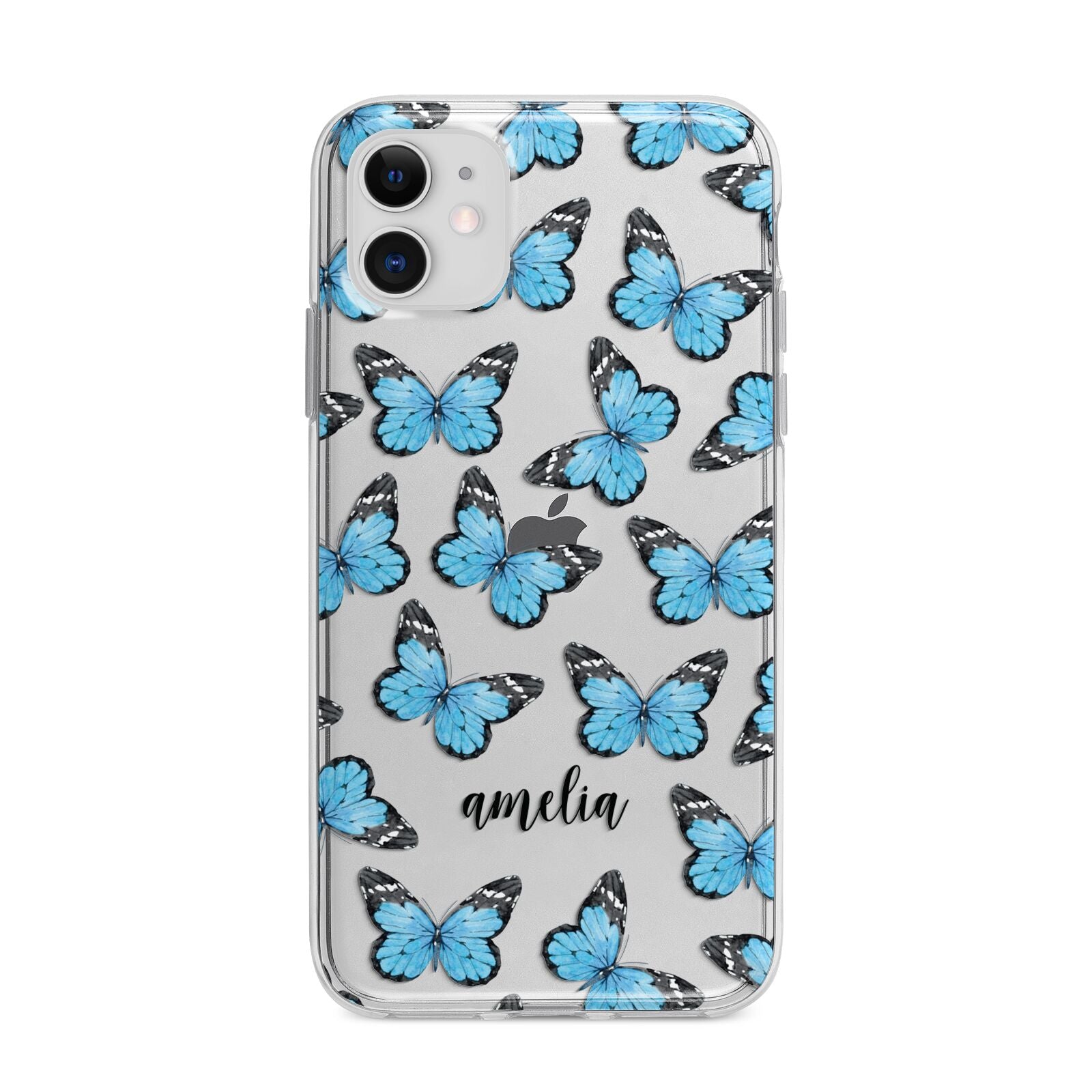 Blue Butterflies with Name Apple iPhone 11 in White with Bumper Case
