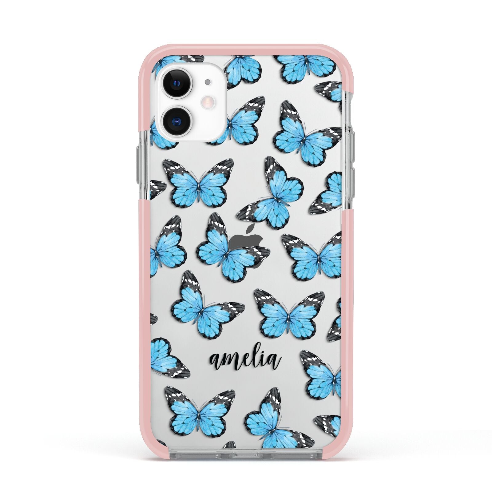Blue Butterflies with Name Apple iPhone 11 in White with Pink Impact Case