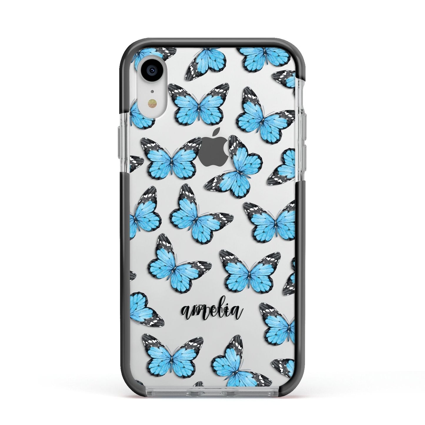 Blue Butterflies with Name Apple iPhone XR Impact Case Black Edge on Silver Phone