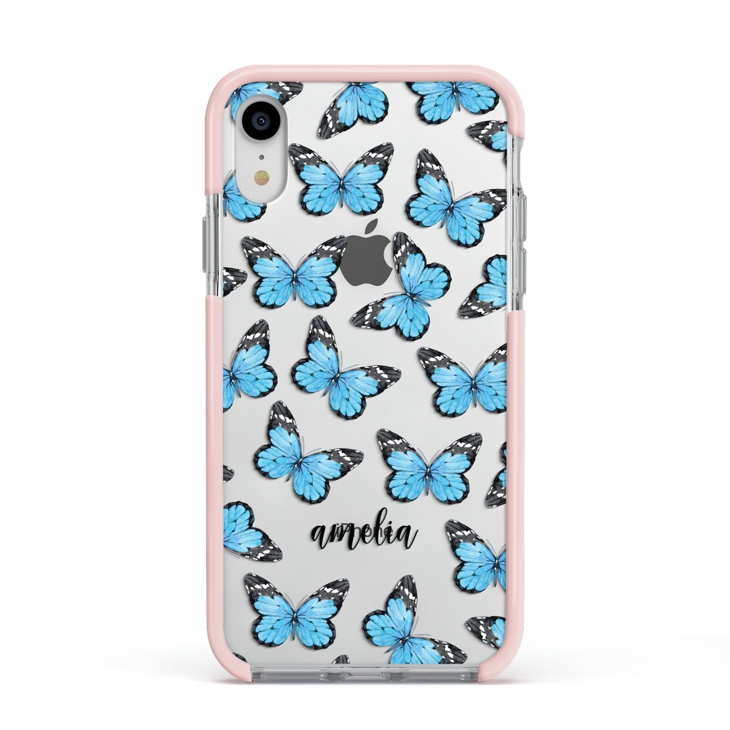 Blue Butterflies with Name Apple iPhone XR Impact Case Pink Edge on Silver Phone