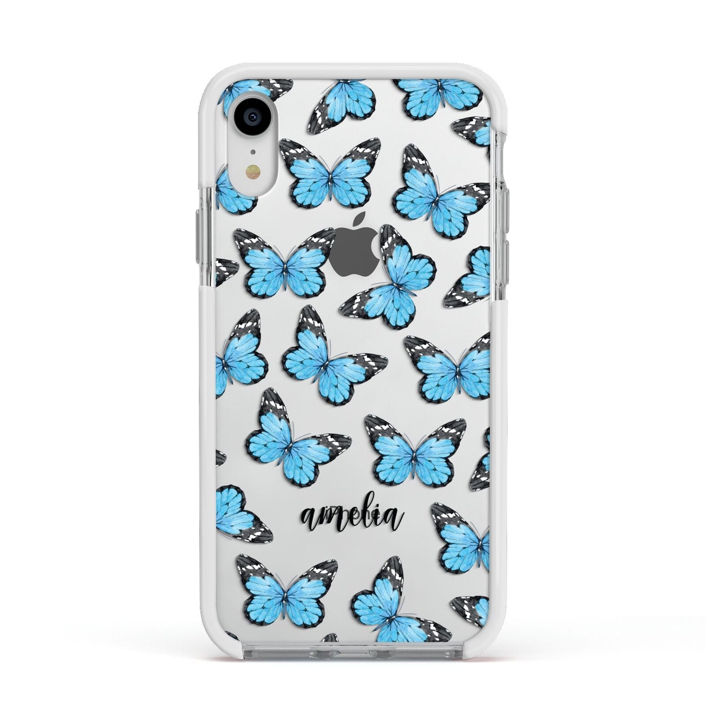 Blue Butterflies with Name Apple iPhone XR Impact Case White Edge on Silver Phone