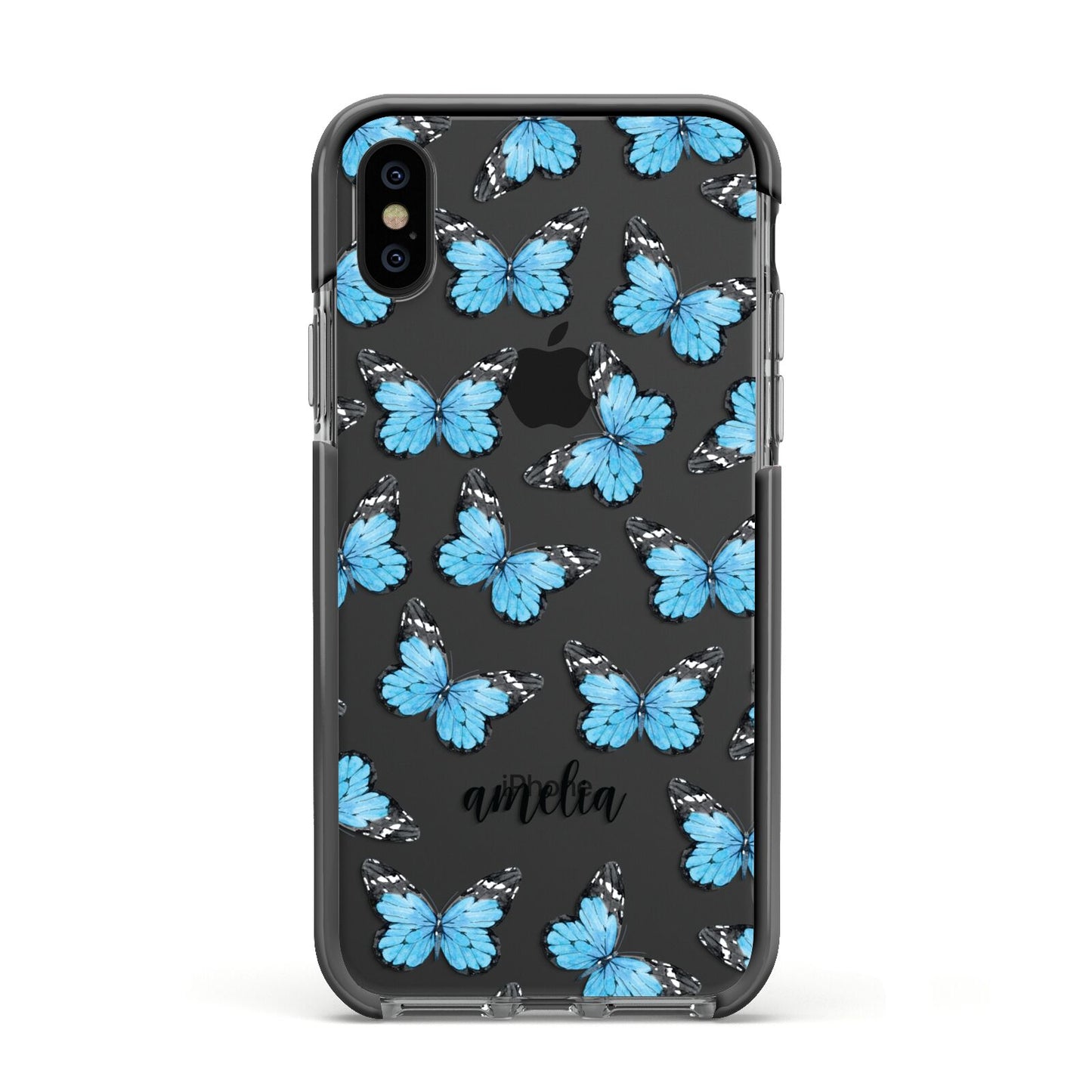 Blue Butterflies with Name Apple iPhone Xs Impact Case Black Edge on Black Phone