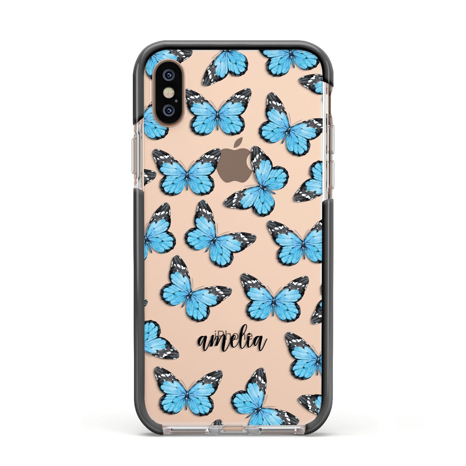 Blue Butterflies with Name Apple iPhone Xs Impact Case Black Edge on Gold Phone