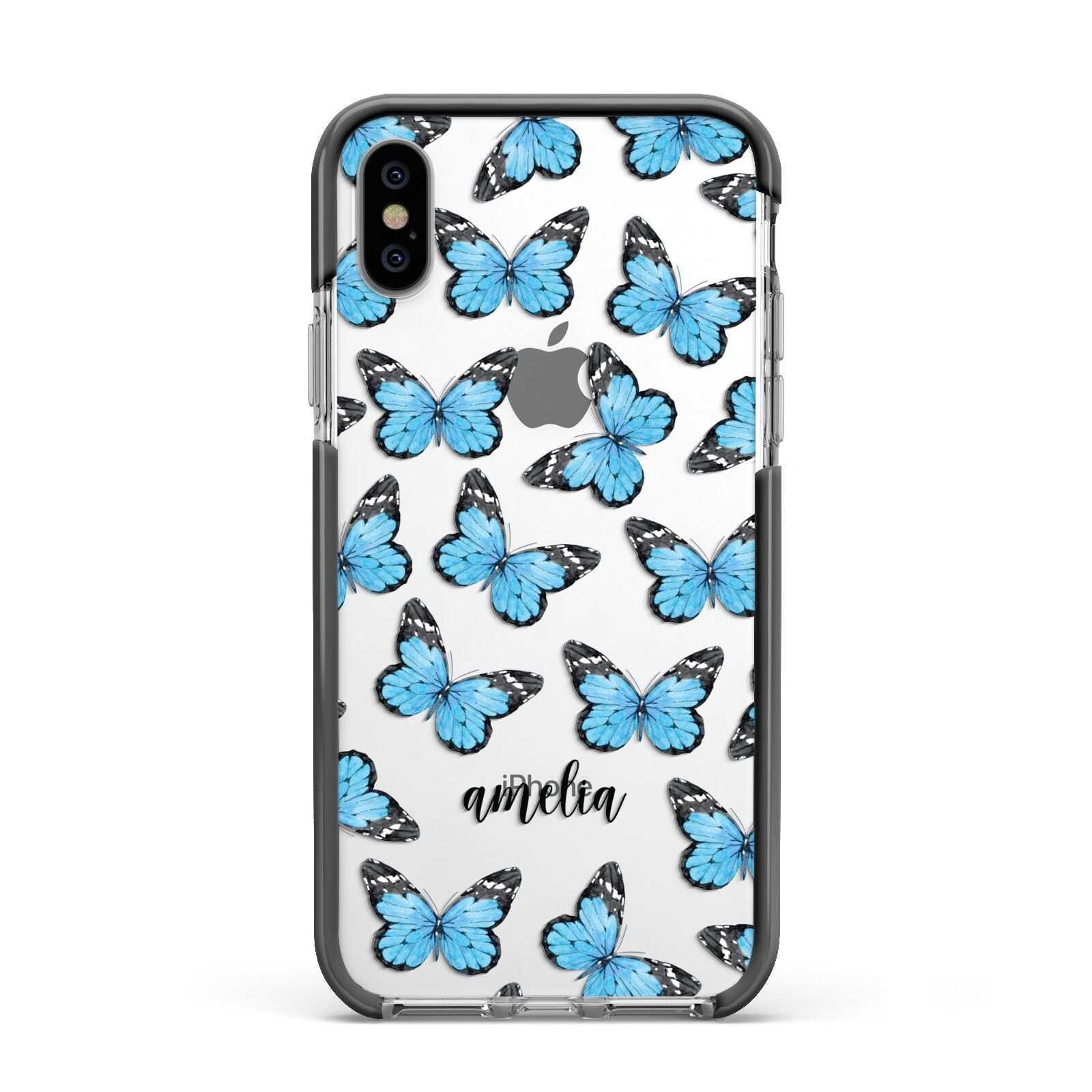 Blue Butterflies with Name Apple iPhone Xs Impact Case Black Edge on Silver Phone