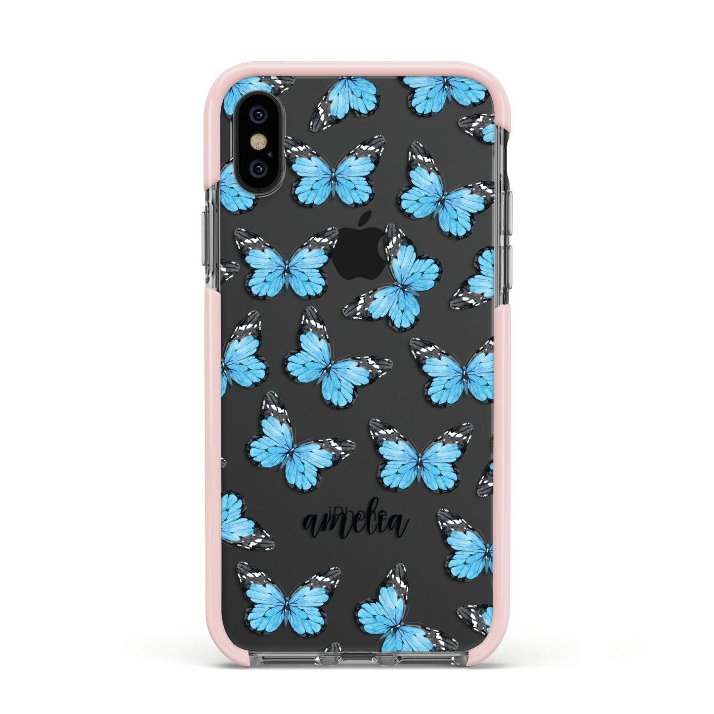 Blue Butterflies with Name Apple iPhone Xs Impact Case Pink Edge on Black Phone