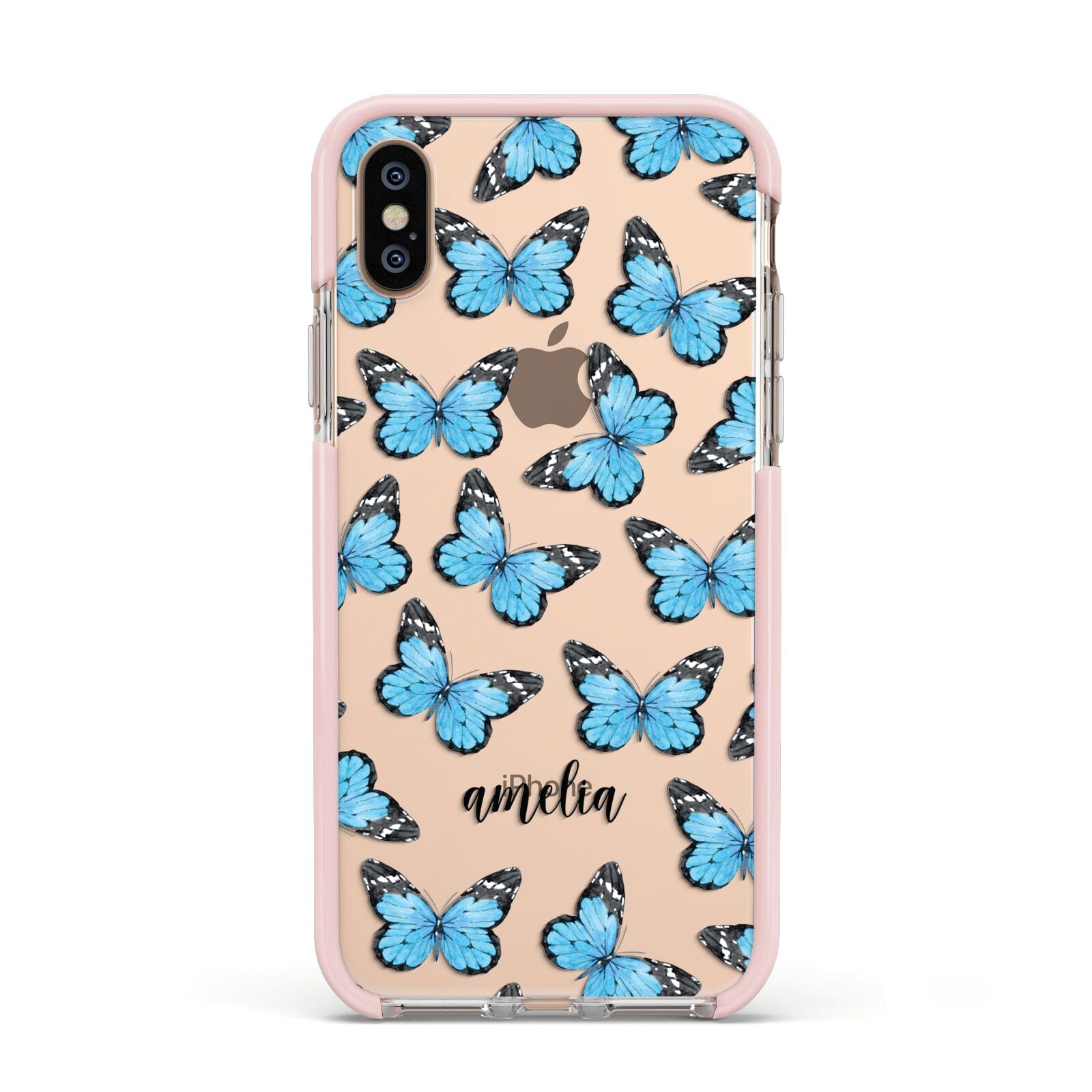 Blue Butterflies with Name Apple iPhone Xs Impact Case Pink Edge on Gold Phone