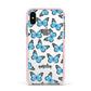 Blue Butterflies with Name Apple iPhone Xs Impact Case Pink Edge on Silver Phone