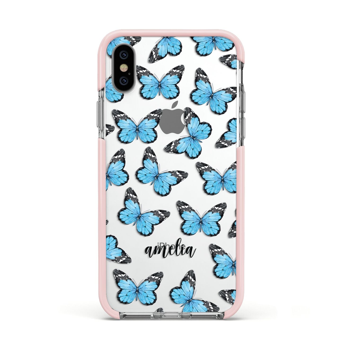 Blue Butterflies with Name Apple iPhone Xs Impact Case Pink Edge on Silver Phone