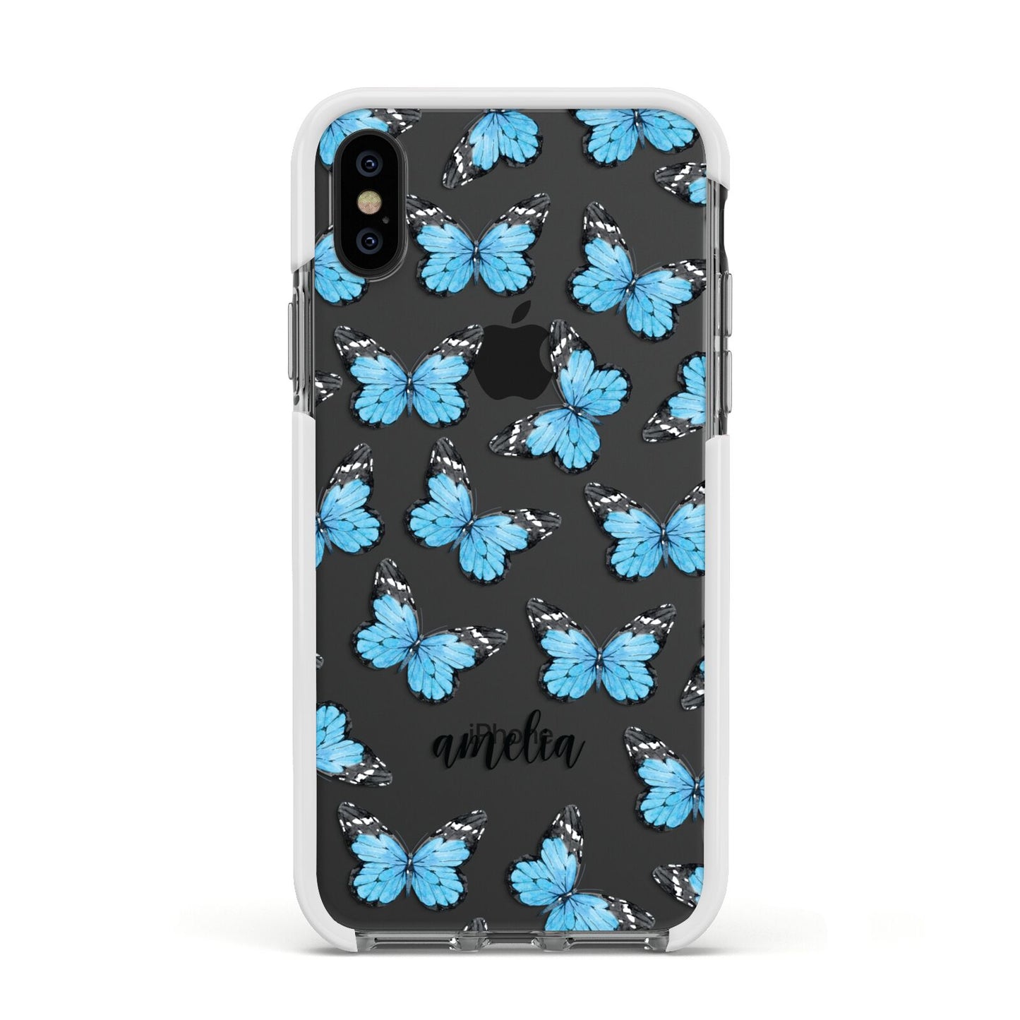 Blue Butterflies with Name Apple iPhone Xs Impact Case White Edge on Black Phone