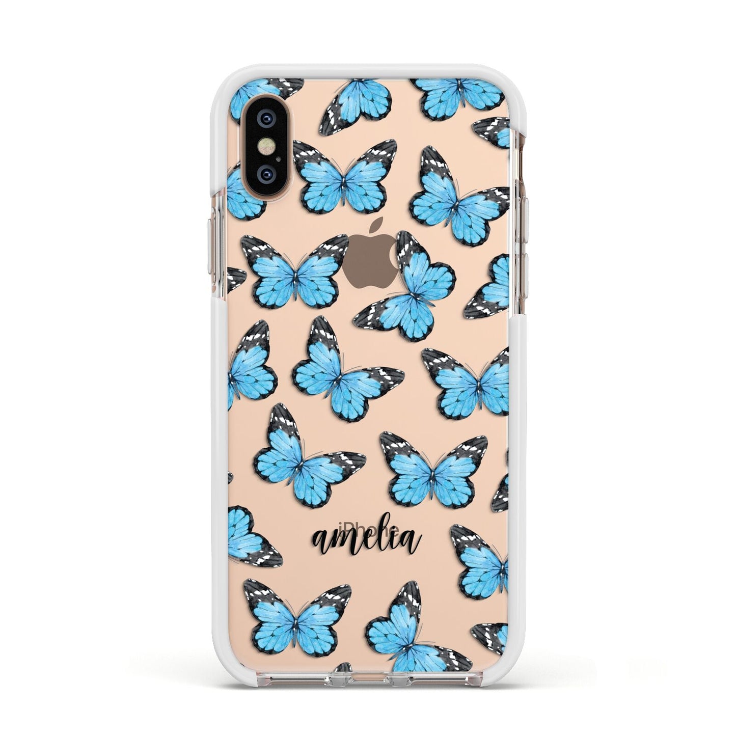 Blue Butterflies with Name Apple iPhone Xs Impact Case White Edge on Gold Phone