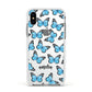 Blue Butterflies with Name Apple iPhone Xs Impact Case White Edge on Silver Phone