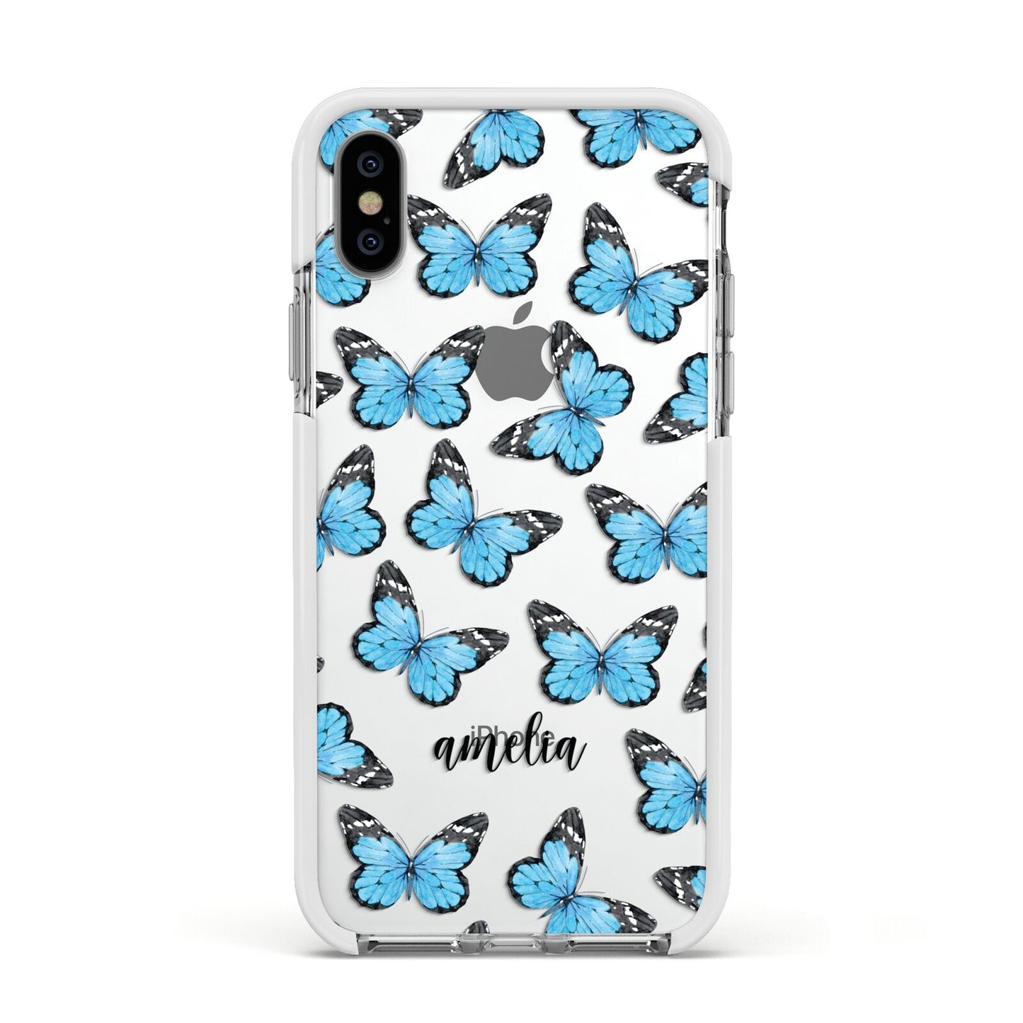 Blue Butterflies with Name Apple iPhone Xs Impact Case White Edge on Silver Phone