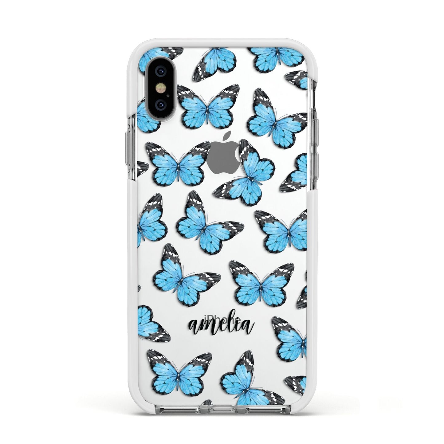 Blue Butterflies with Name Apple iPhone Xs Impact Case White Edge on Silver Phone