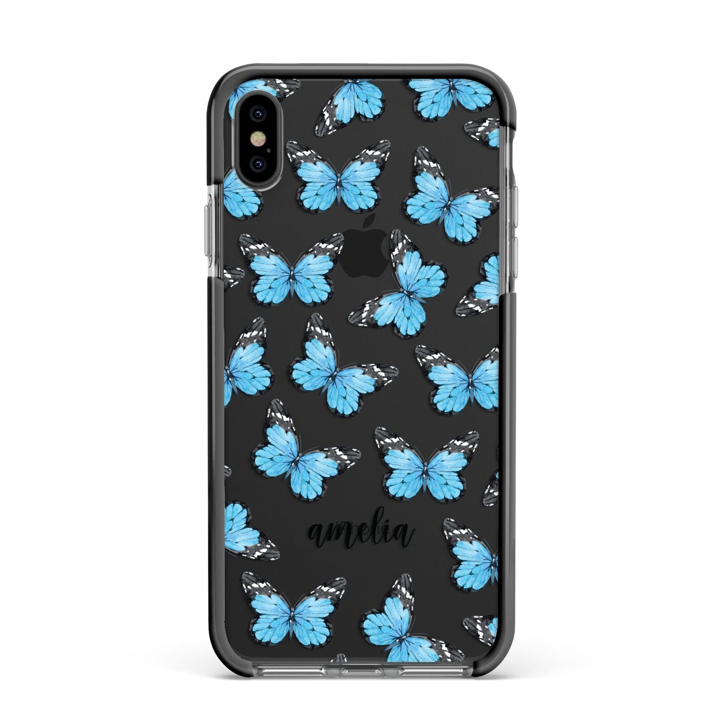 Blue Butterflies with Name Apple iPhone Xs Max Impact Case Black Edge on Black Phone