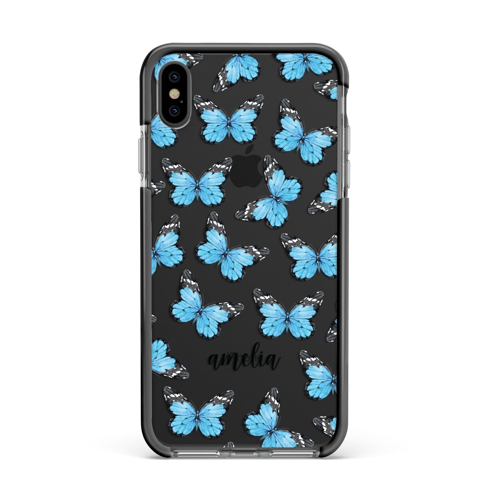 Blue Butterflies with Name Apple iPhone Xs Max Impact Case Black Edge on Black Phone
