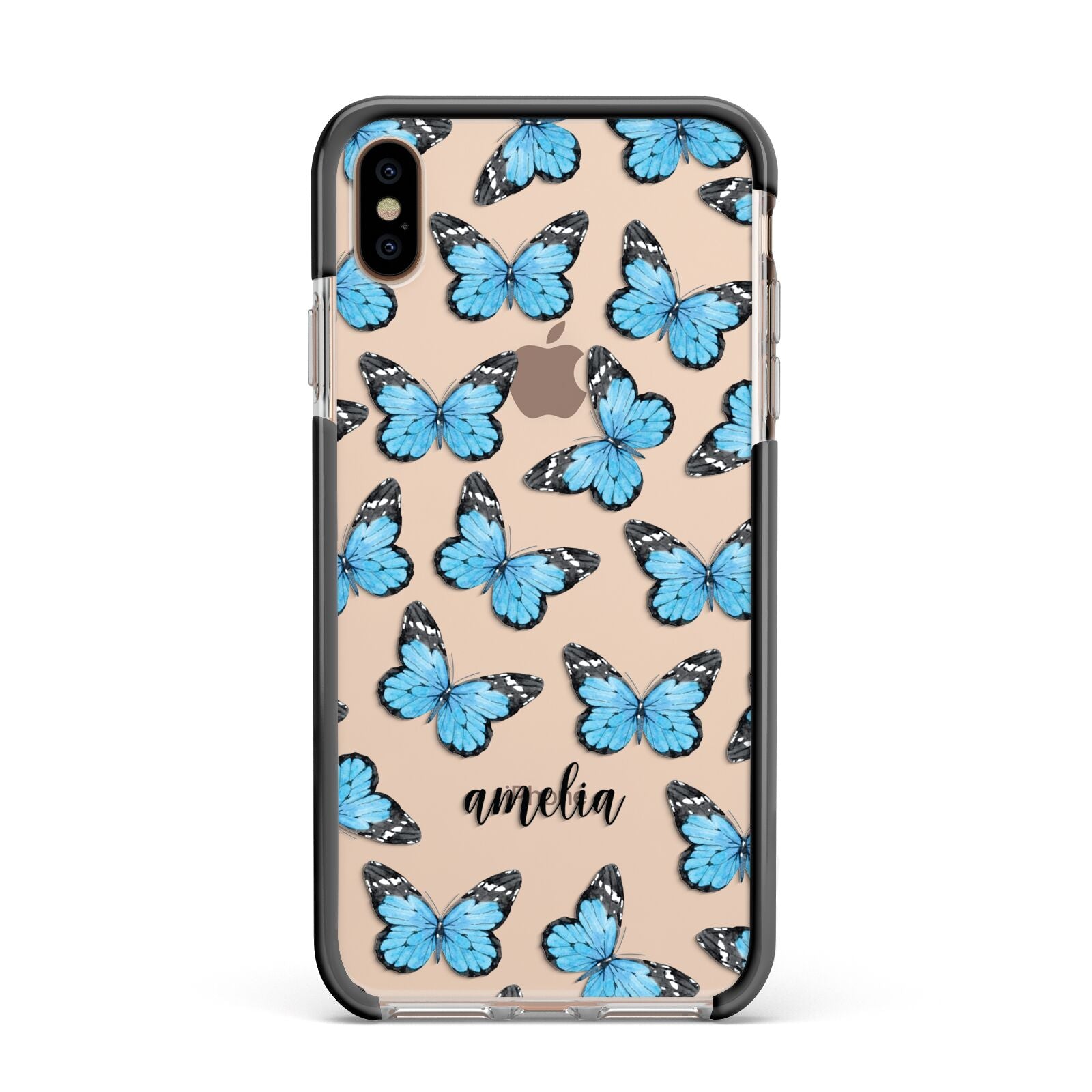 Blue Butterflies with Name Apple iPhone Xs Max Impact Case Black Edge on Gold Phone