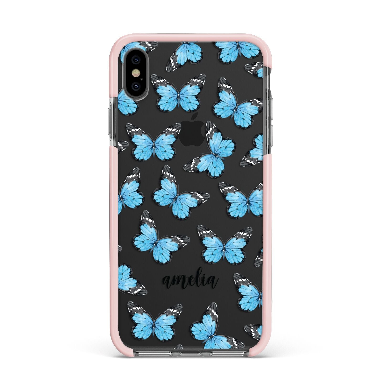 Blue Butterflies with Name Apple iPhone Xs Max Impact Case Pink Edge on Black Phone