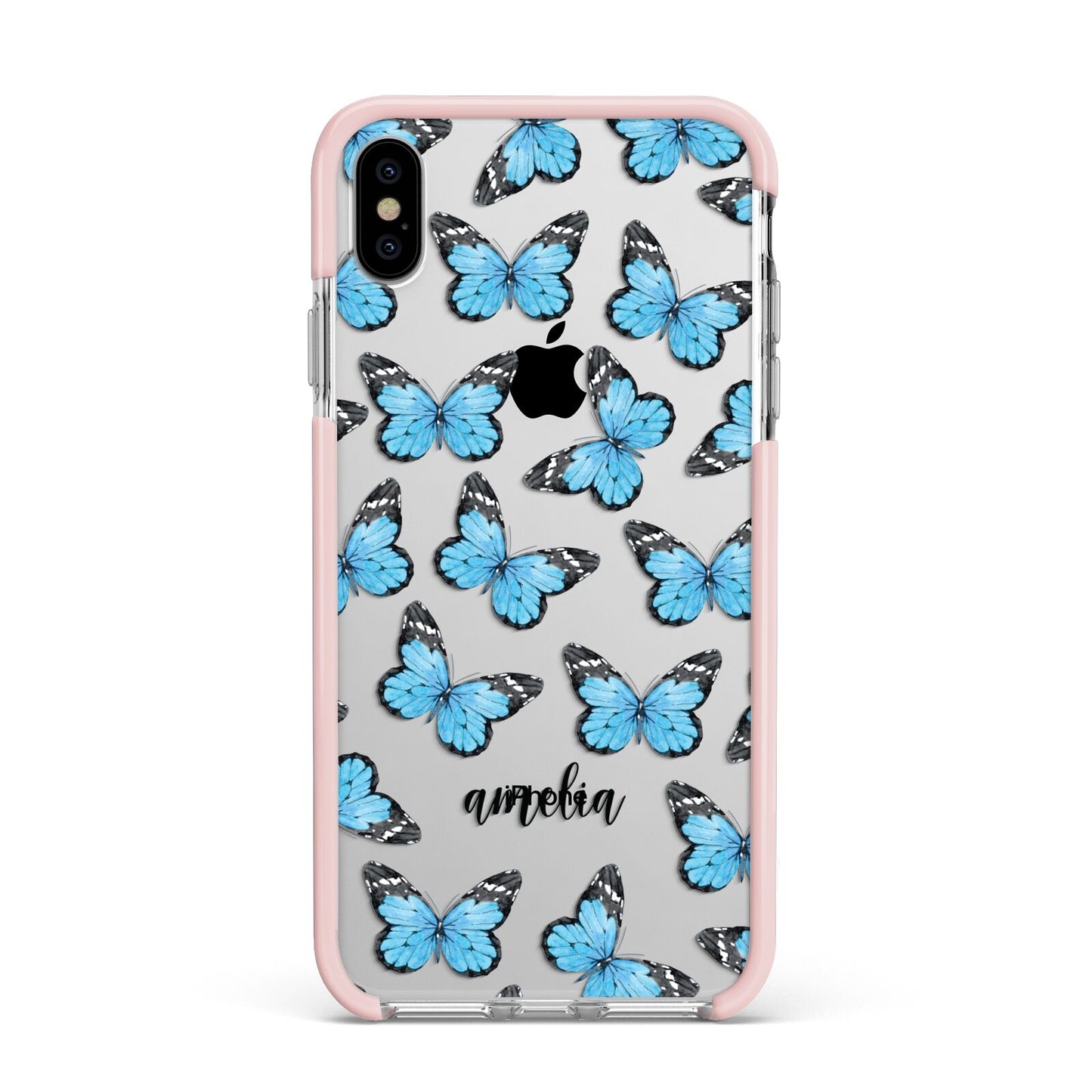 Blue Butterflies with Name Apple iPhone Xs Max Impact Case Pink Edge on Silver Phone