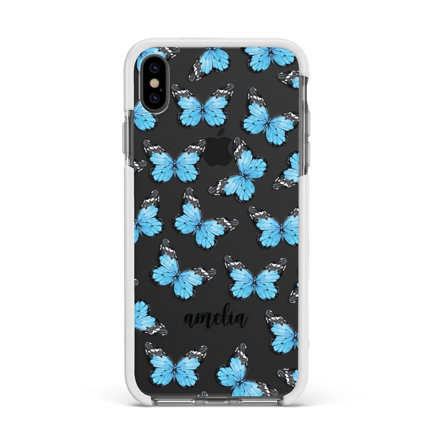 Blue Butterflies with Name Apple iPhone Xs Max Impact Case White Edge on Black Phone