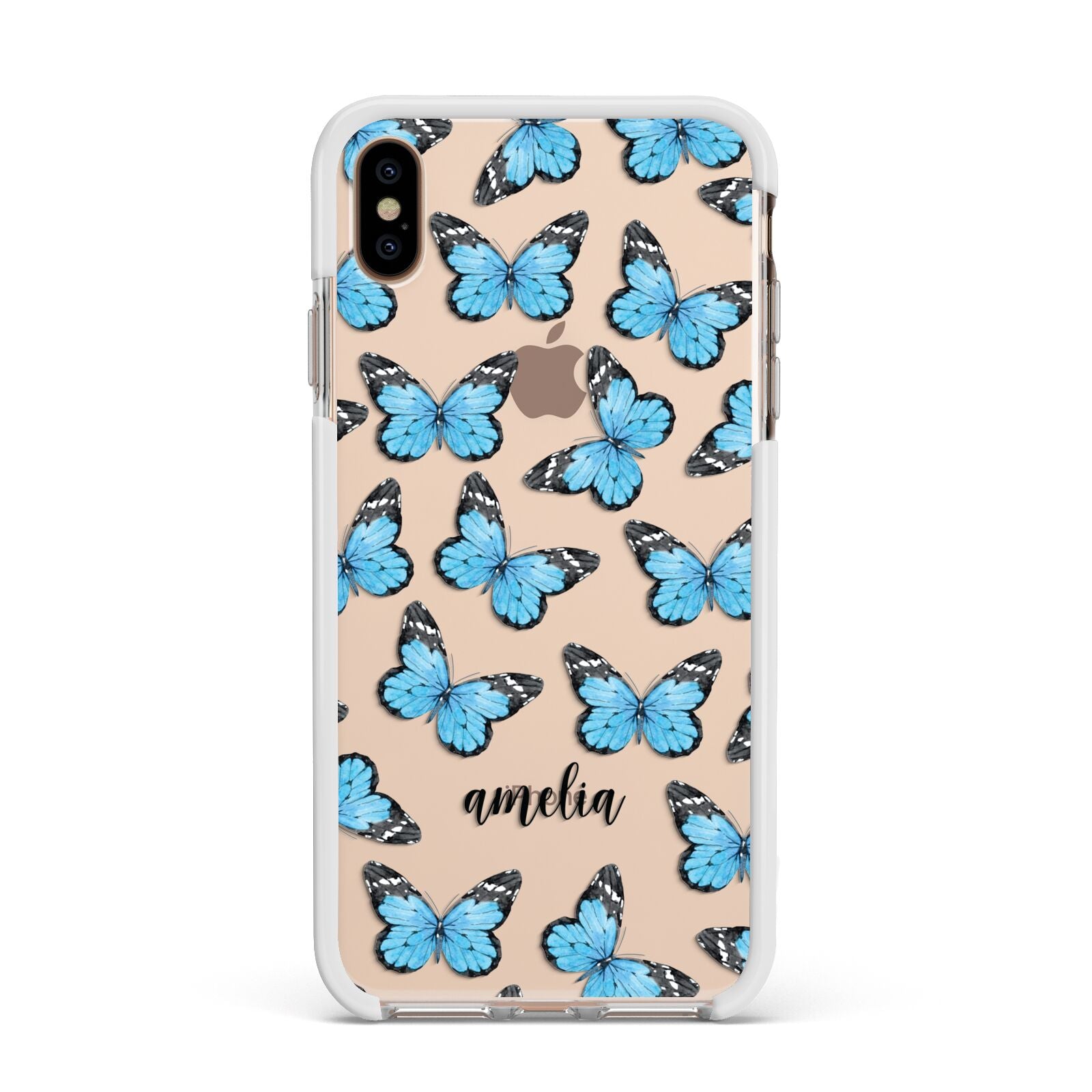 Blue Butterflies with Name Apple iPhone Xs Max Impact Case White Edge on Gold Phone