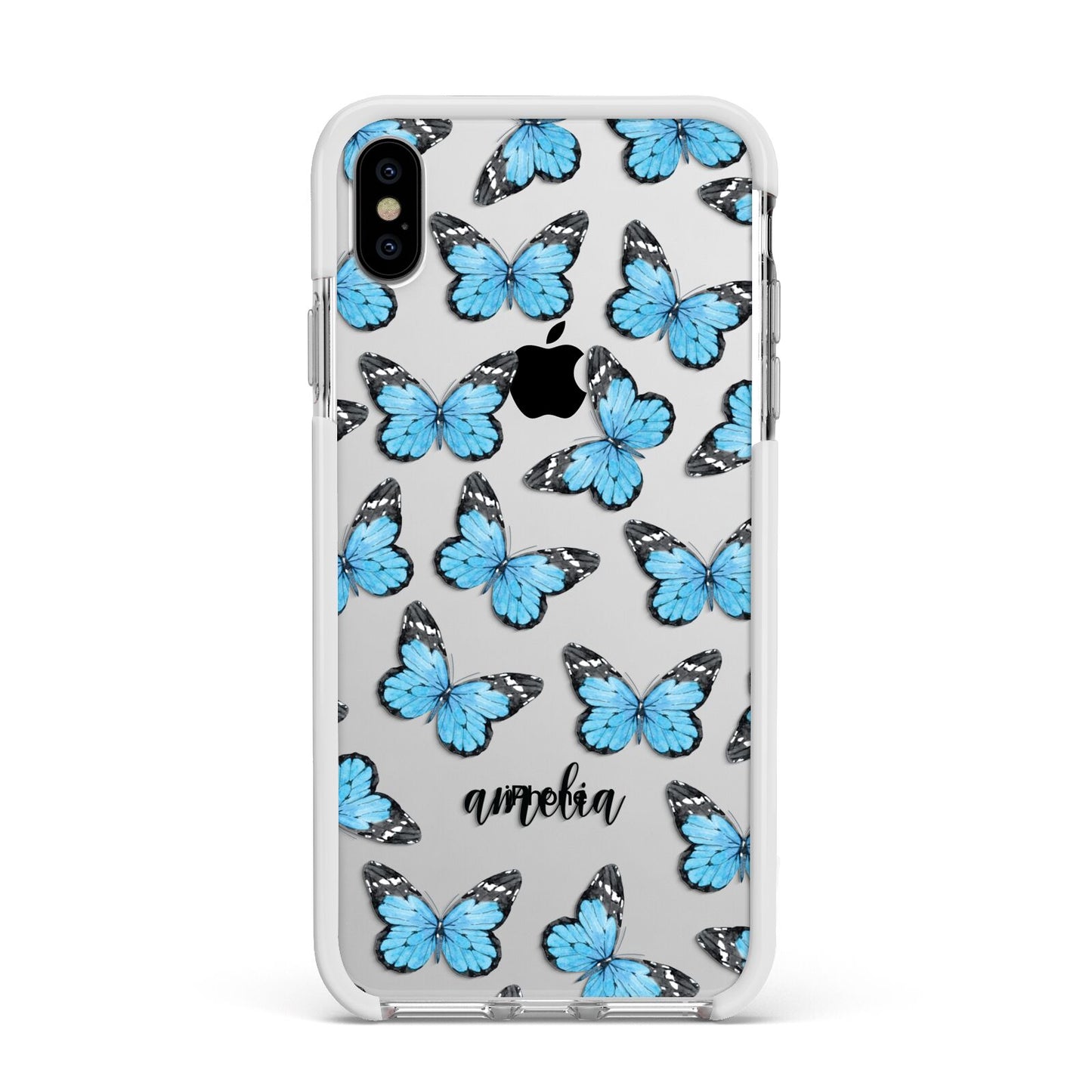 Blue Butterflies with Name Apple iPhone Xs Max Impact Case White Edge on Silver Phone
