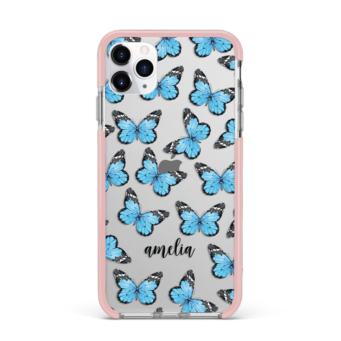 Blue Butterflies with Name iPhone 11 Pro Max Impact Pink Edge Case
