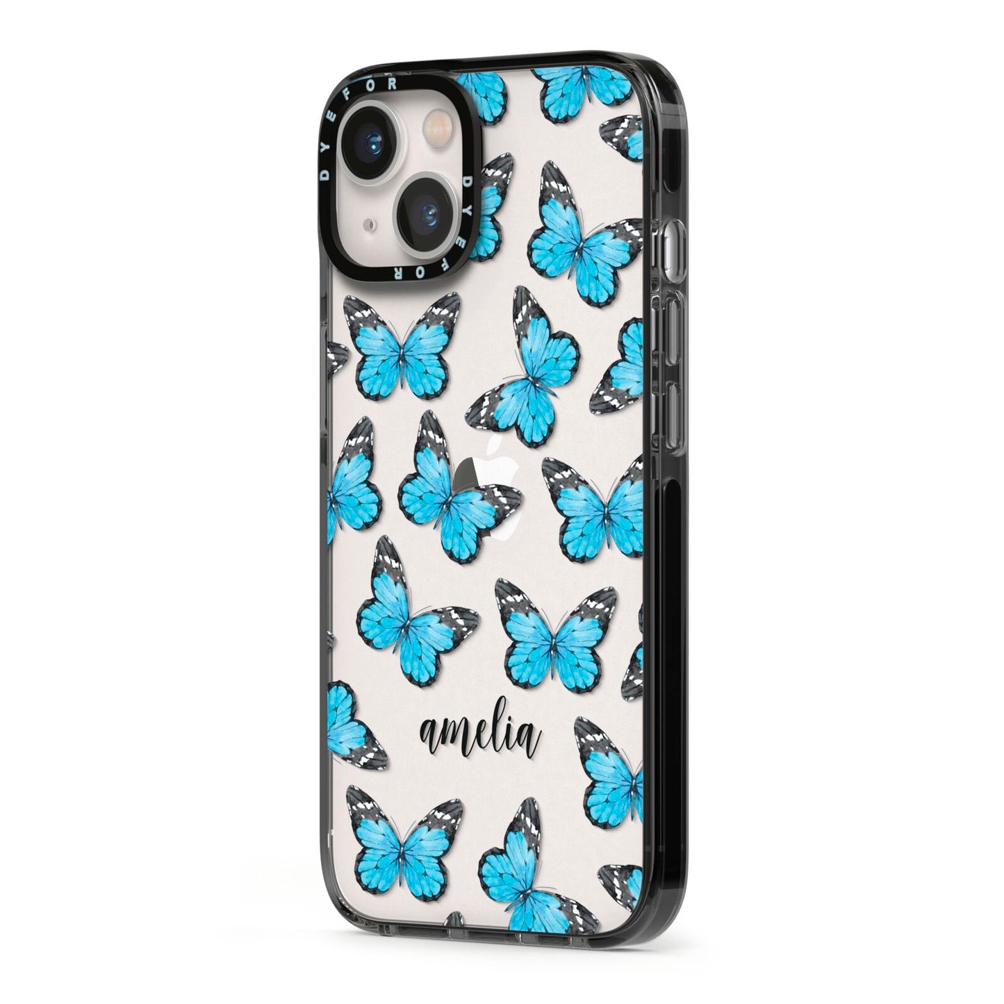 Blue Butterflies with Name iPhone 13 Black Impact Case Side Angle on Silver phone