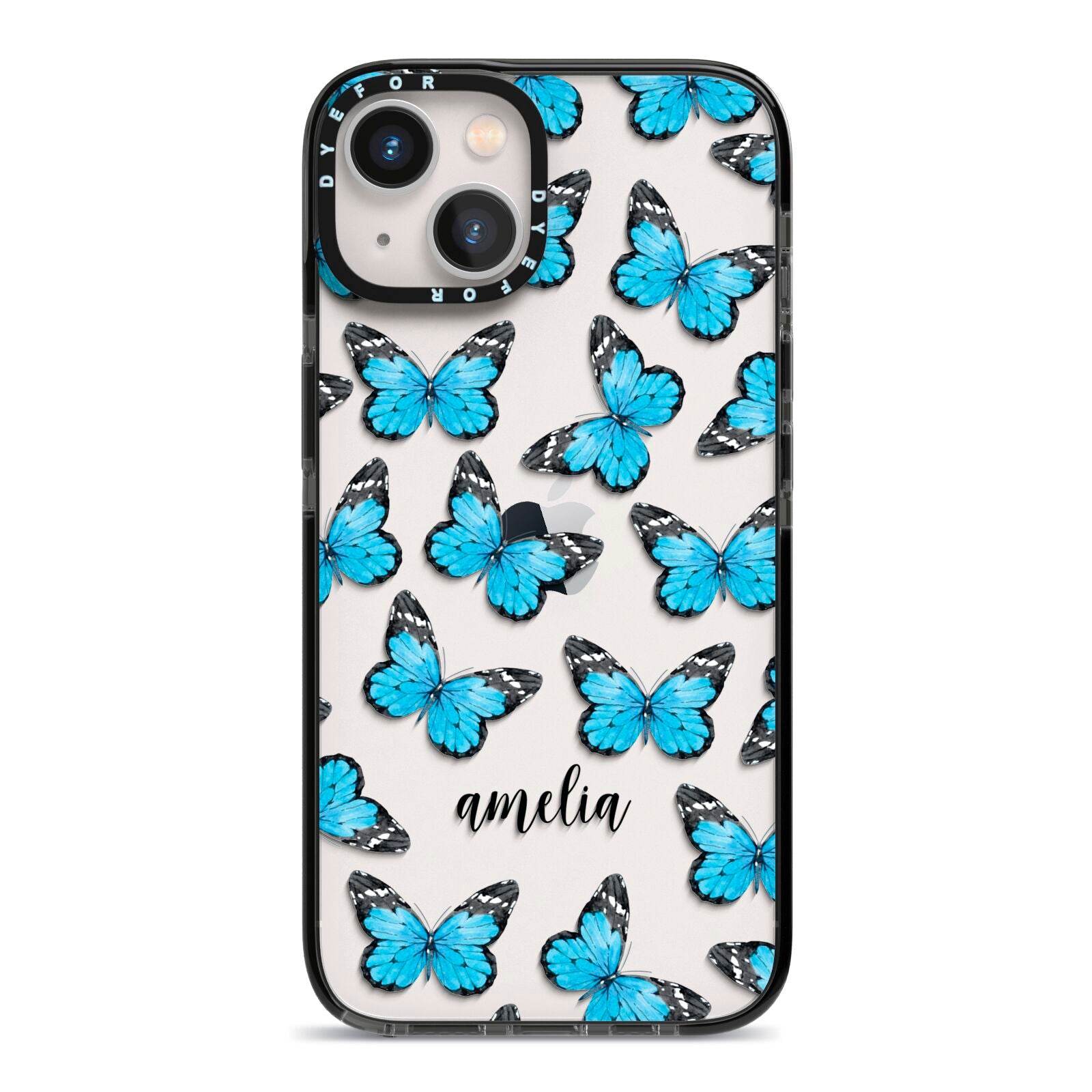 Blue Butterflies with Name iPhone 13 Black Impact Case on Silver phone