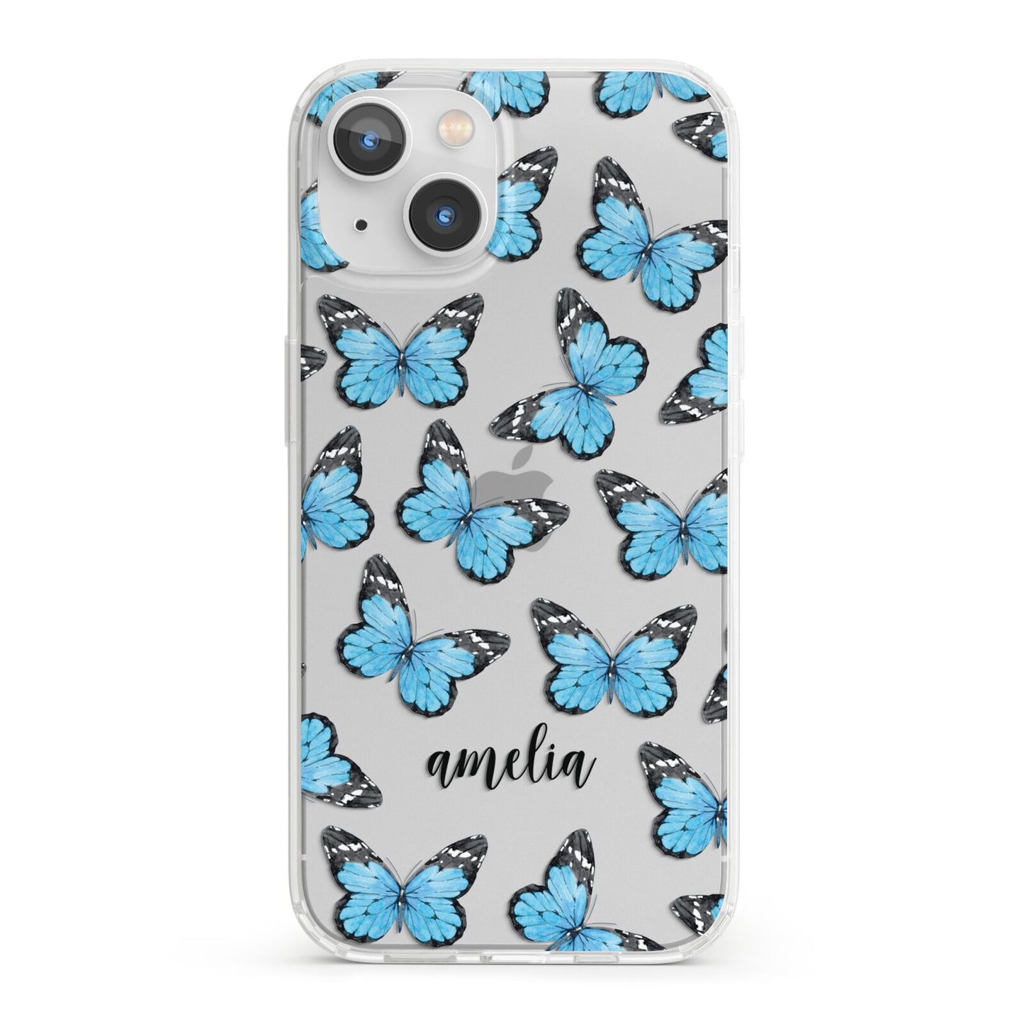 Blue Butterflies with Name iPhone 13 Clear Bumper Case
