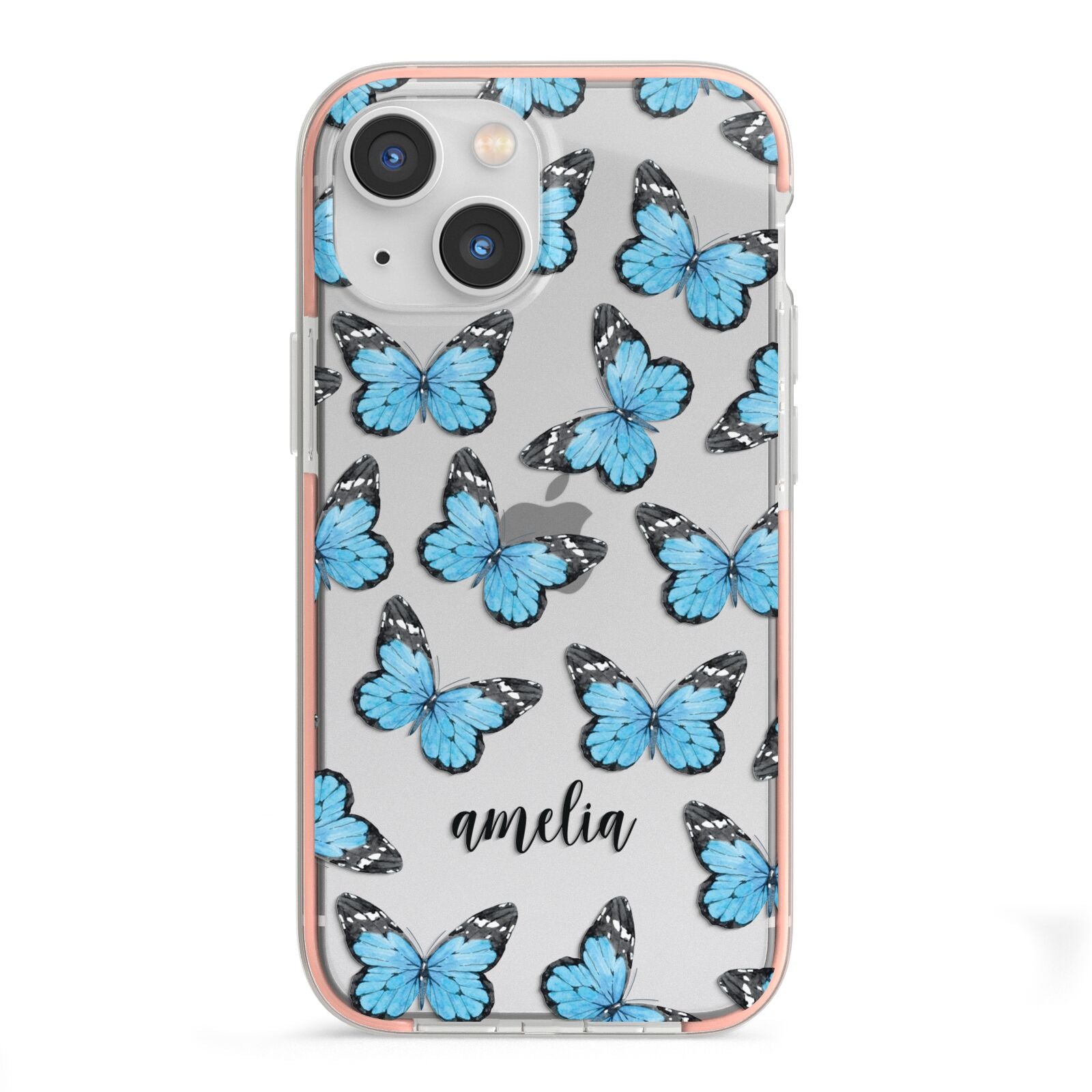 Blue Butterflies with Name iPhone 13 Mini TPU Impact Case with Pink Edges