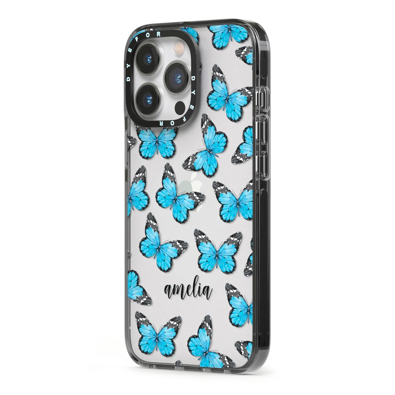 Blue Butterflies with Name iPhone 13 Pro Black Impact Case Side Angle on Silver phone