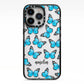 Blue Butterflies with Name iPhone 13 Pro Black Impact Case on Silver phone