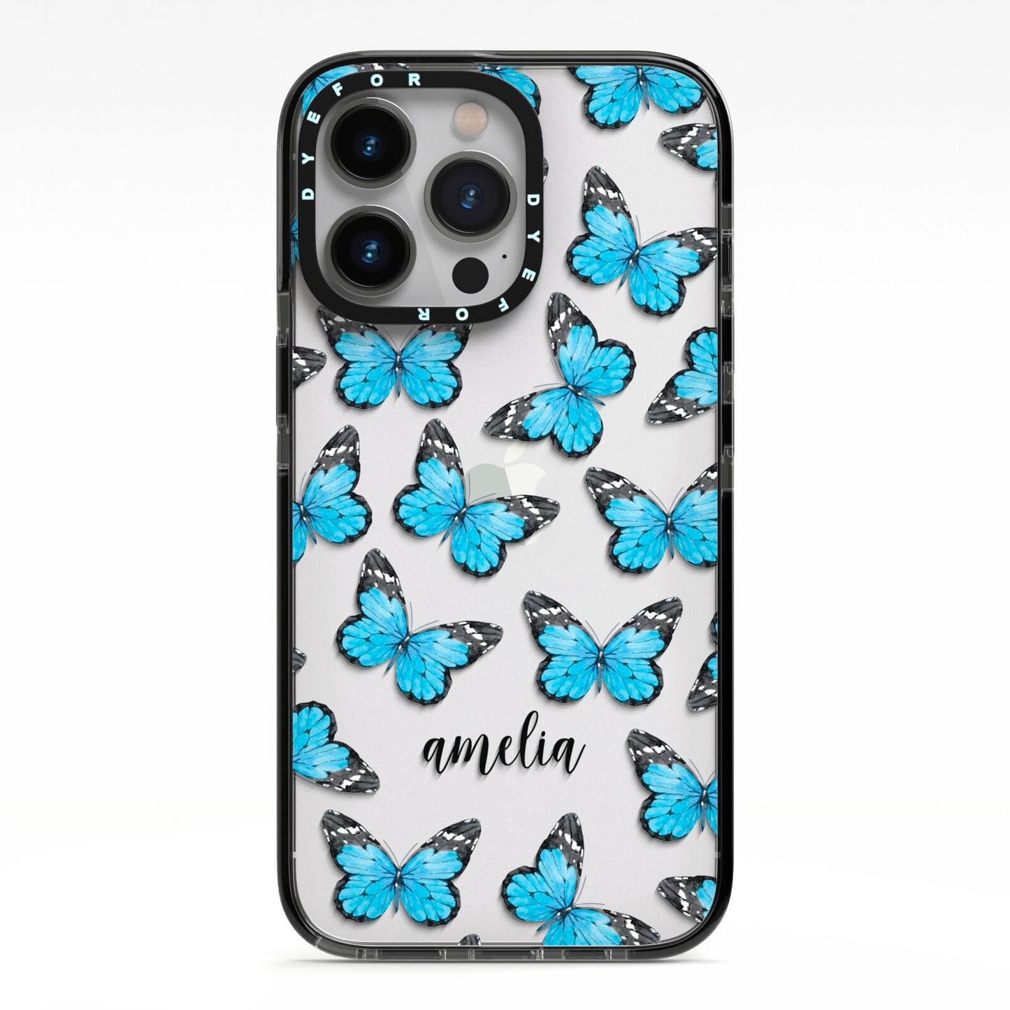 Blue Butterflies with Name iPhone 13 Pro Black Impact Case on Silver phone
