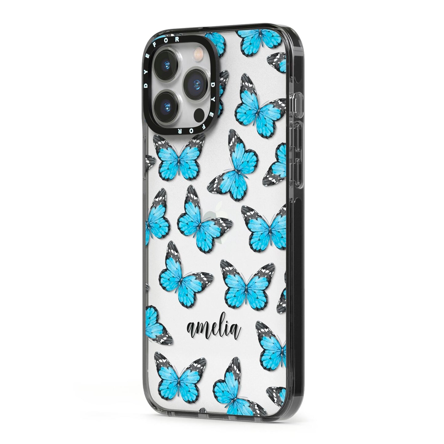 Blue Butterflies with Name iPhone 13 Pro Max Black Impact Case Side Angle on Silver phone