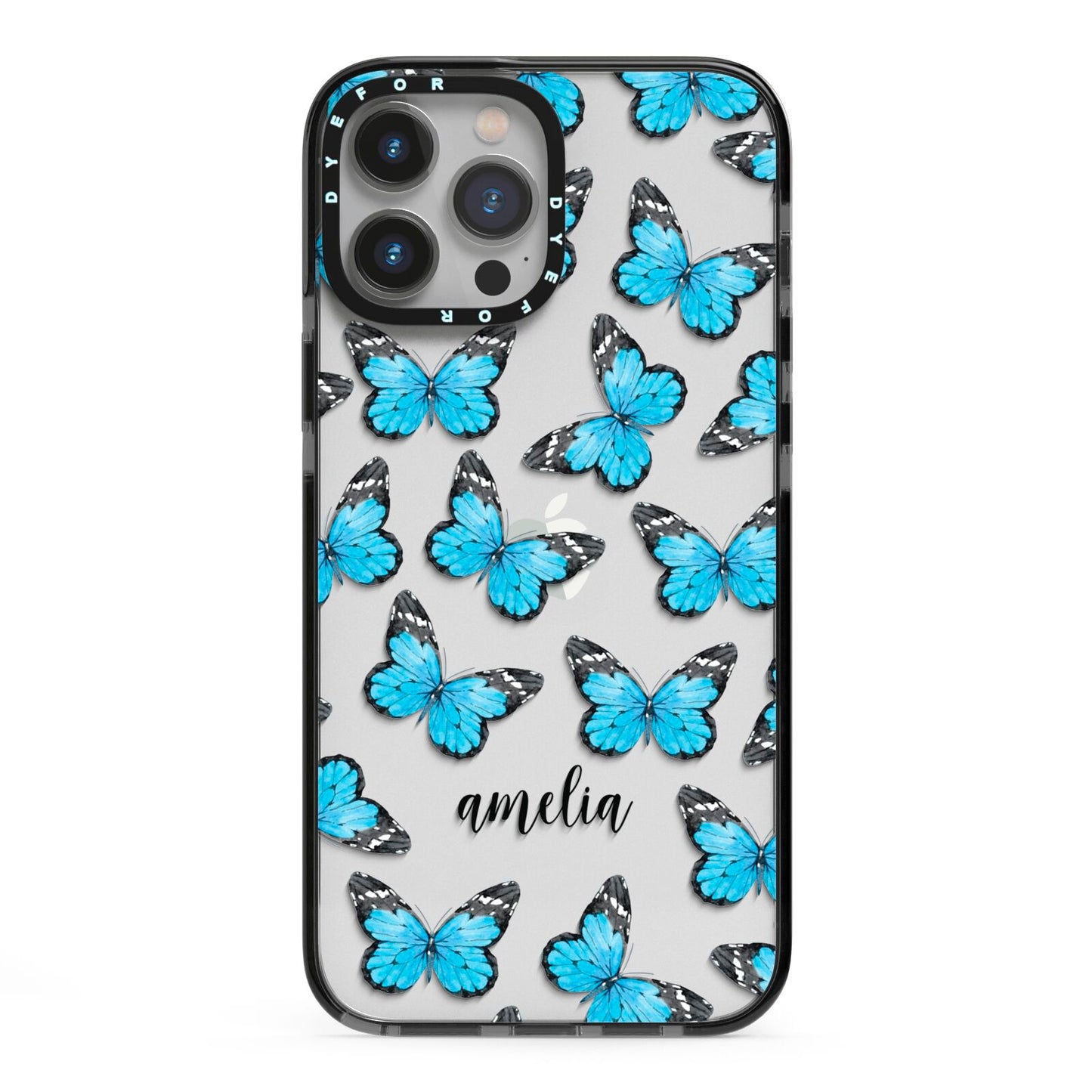 Blue Butterflies with Name iPhone 13 Pro Max Black Impact Case on Silver phone