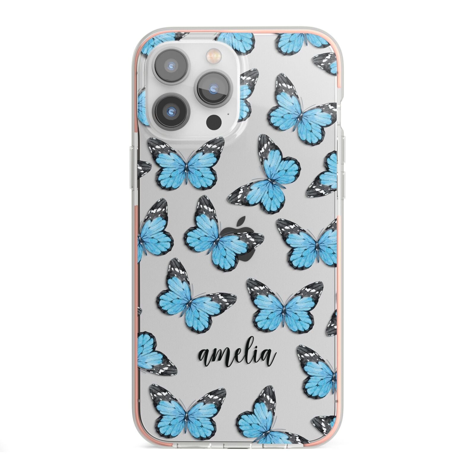 Blue Butterflies with Name iPhone 13 Pro Max TPU Impact Case with Pink Edges