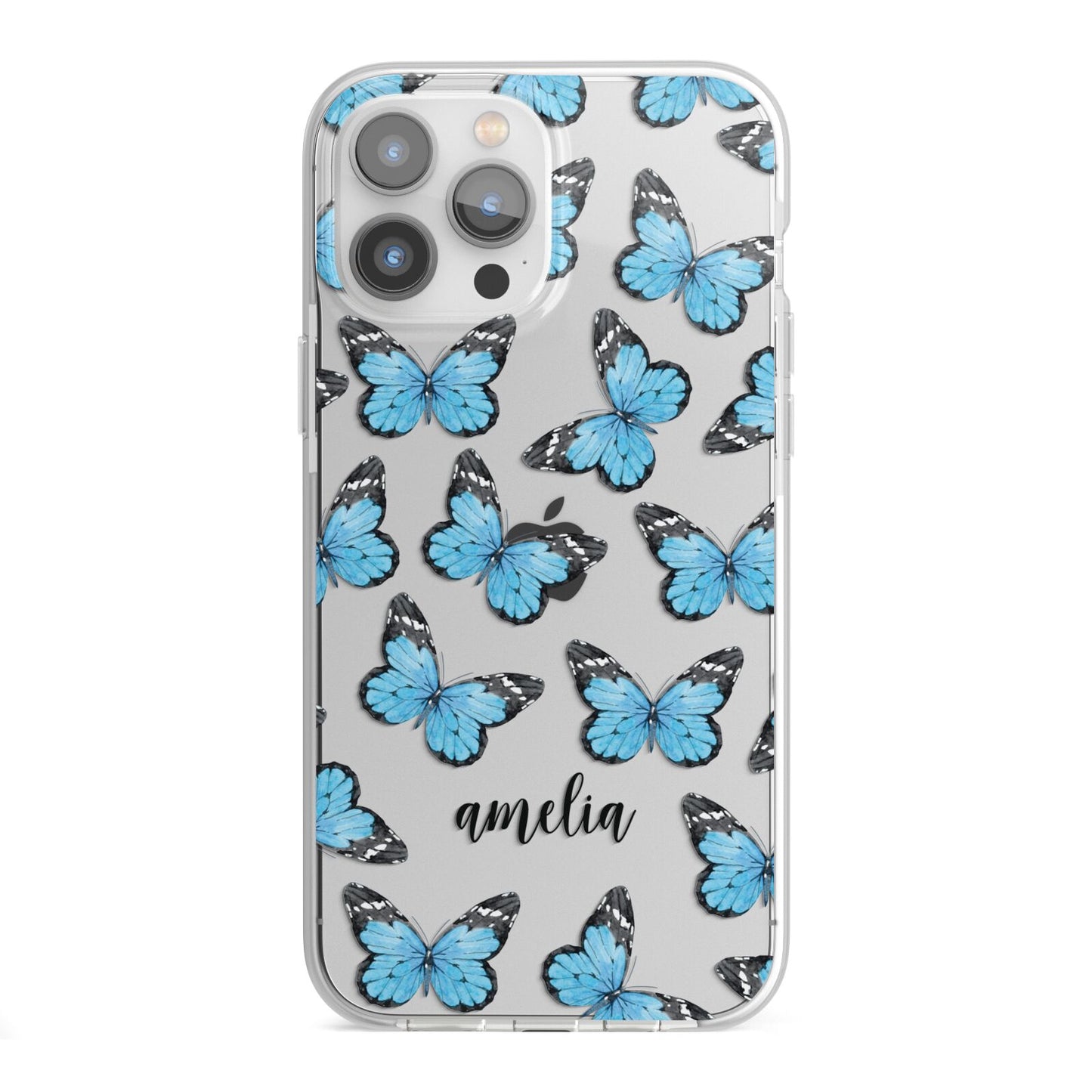 Blue Butterflies with Name iPhone 13 Pro Max TPU Impact Case with White Edges