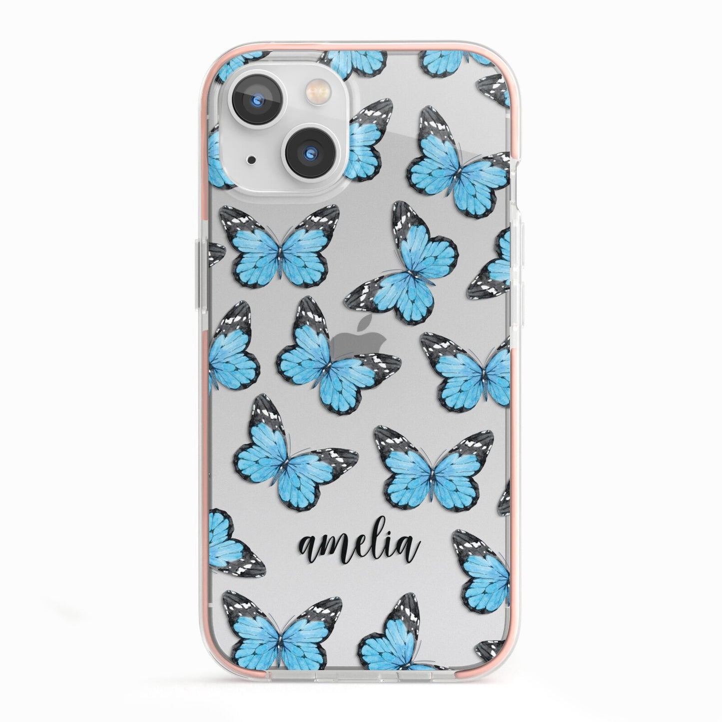 Blue Butterflies with Name iPhone 13 TPU Impact Case with Pink Edges