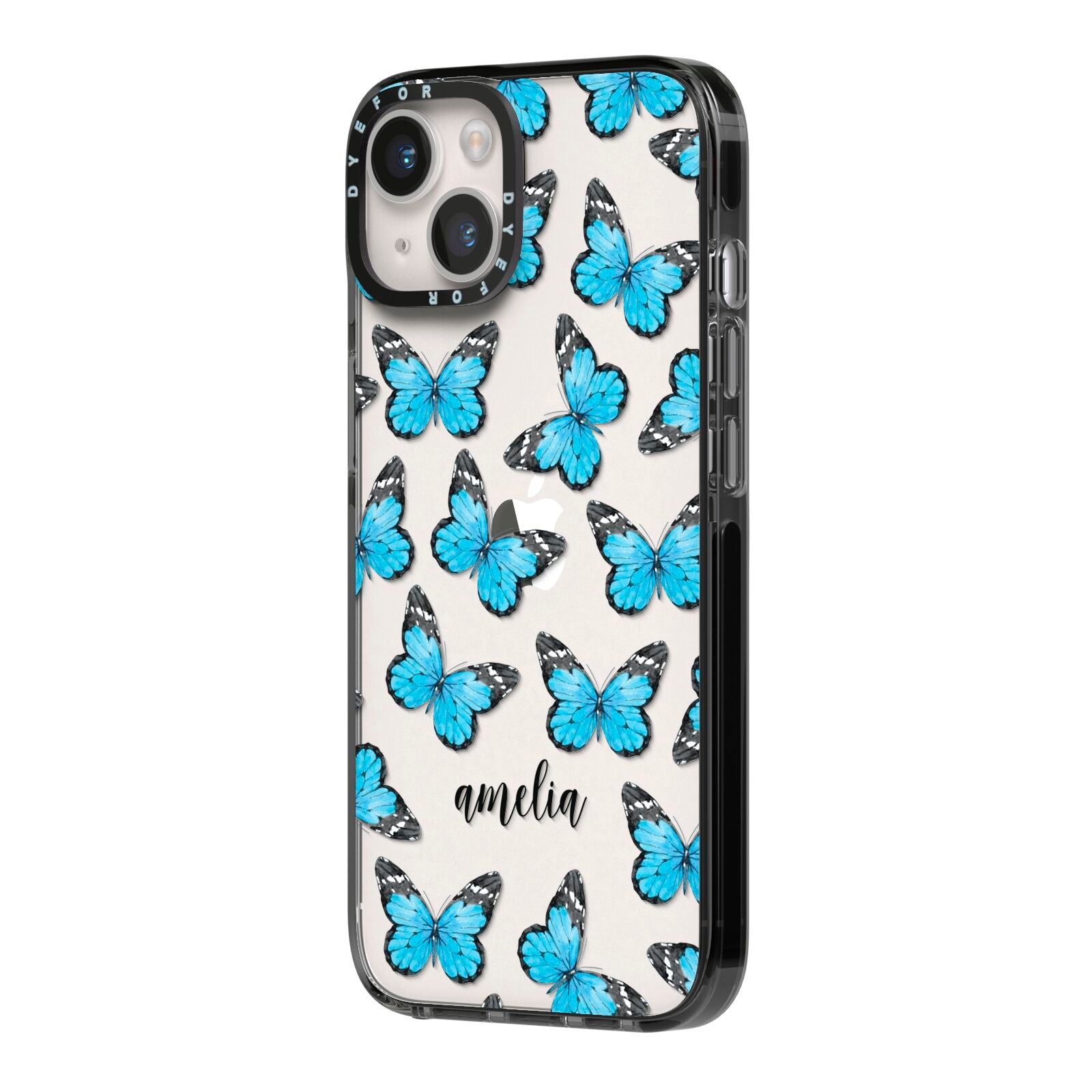 Blue Butterflies with Name iPhone 14 Black Impact Case Side Angle on Silver phone