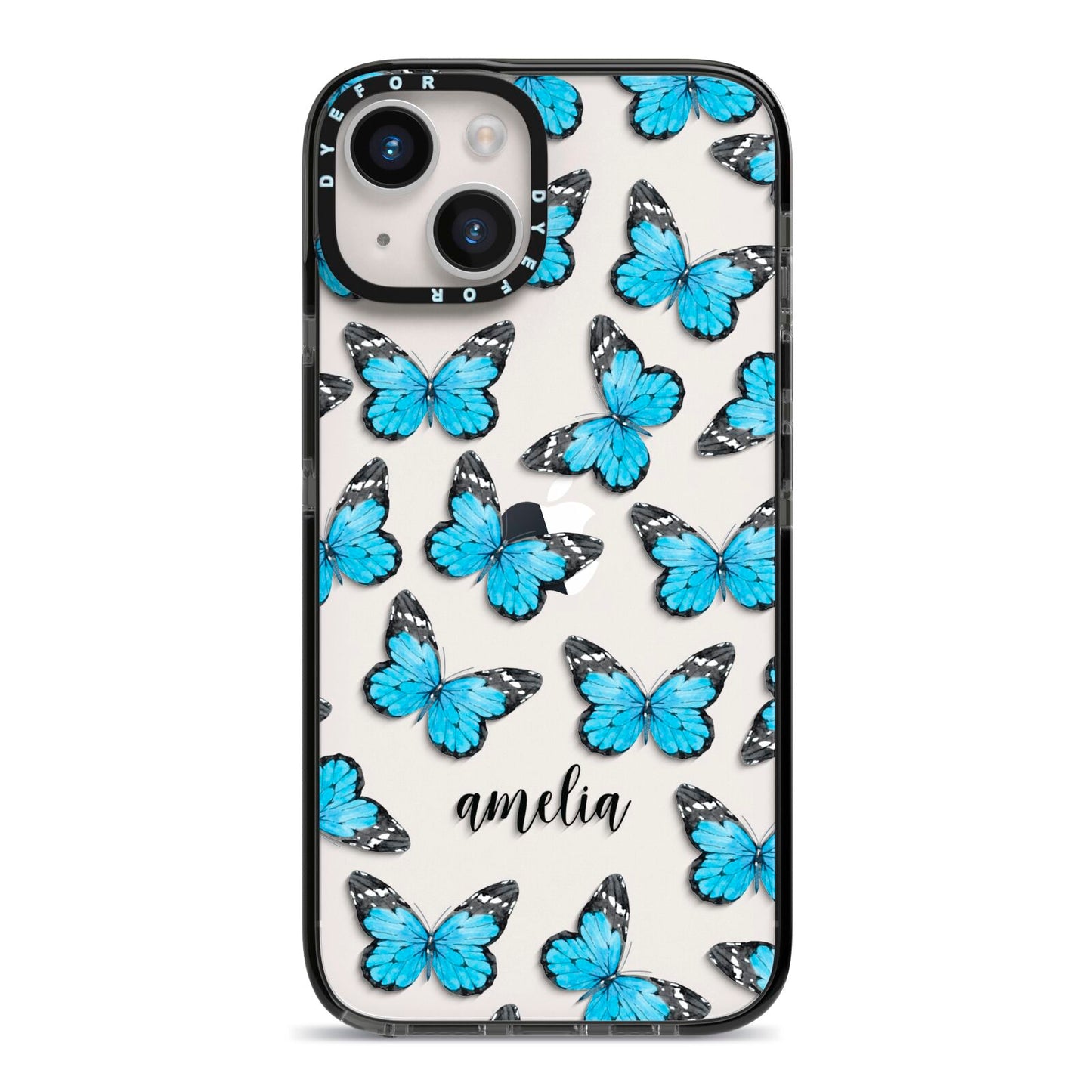 Blue Butterflies with Name iPhone 14 Black Impact Case on Silver phone