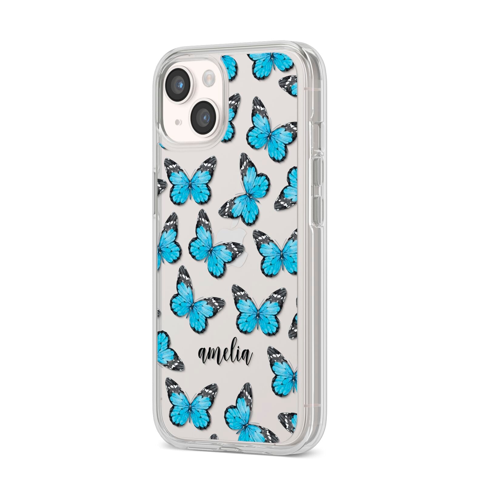 Blue Butterflies with Name iPhone 14 Clear Tough Case Starlight Angled Image