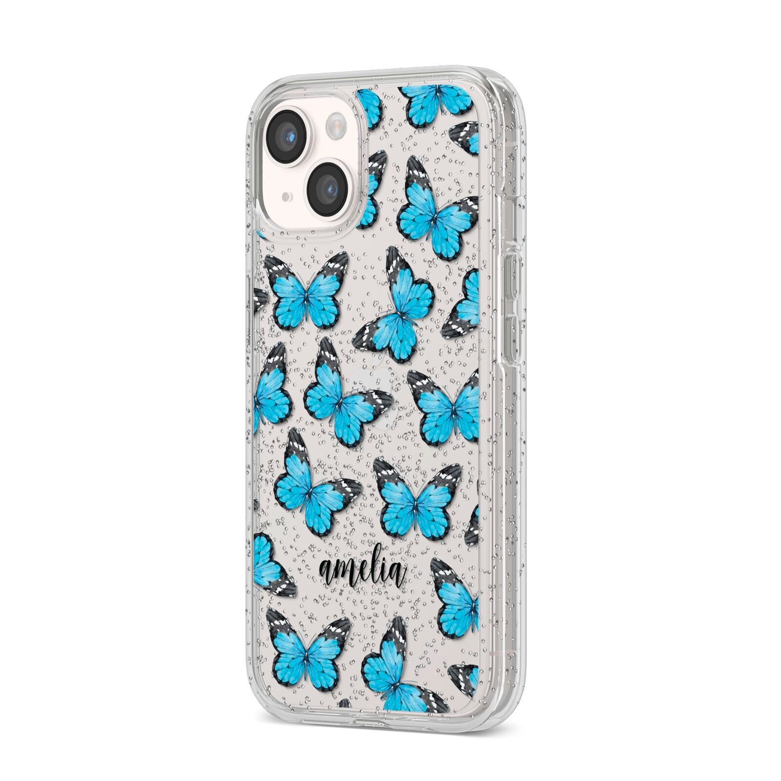 Blue Butterflies with Name iPhone 14 Glitter Tough Case Starlight Angled Image