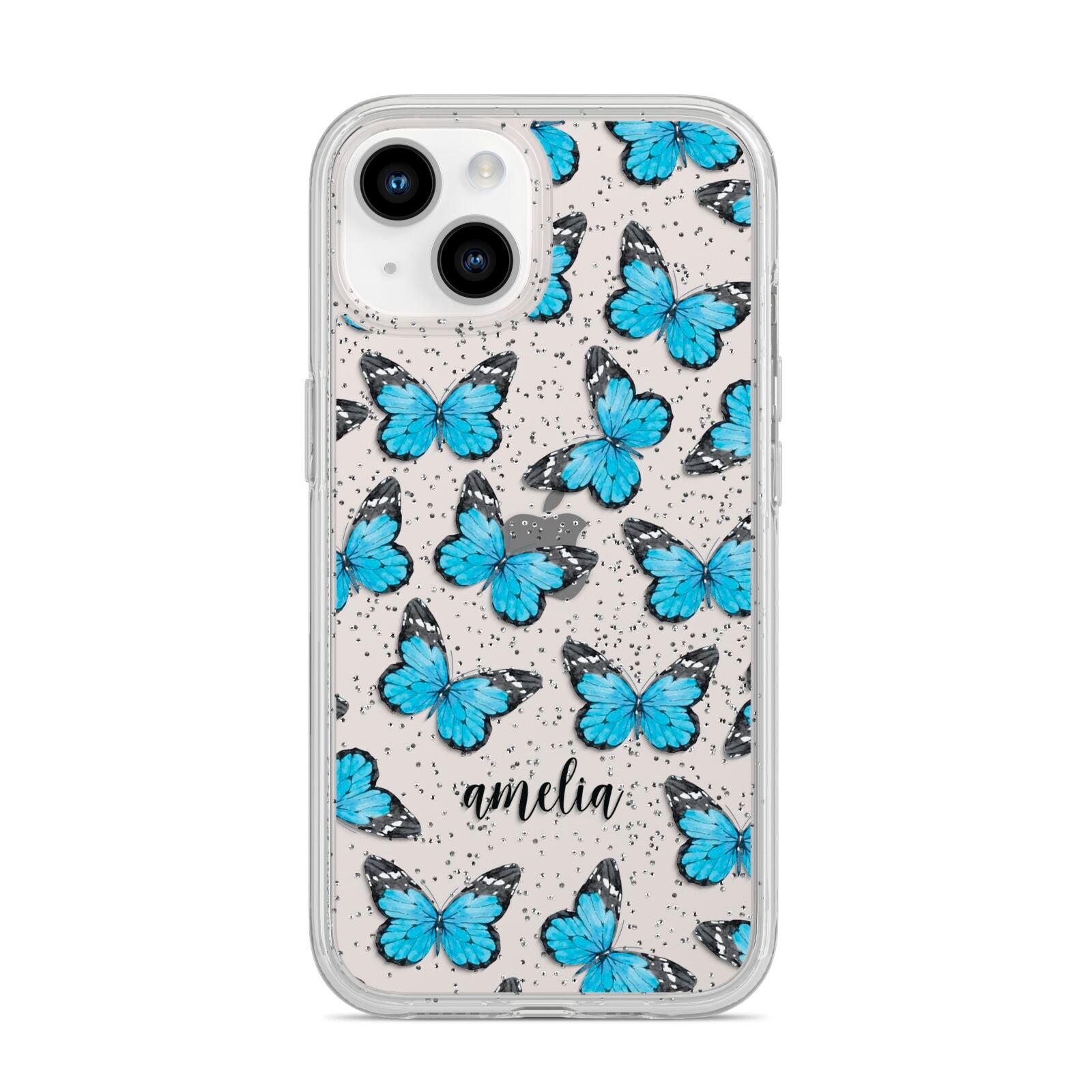 Blue Butterflies with Name iPhone 14 Glitter Tough Case Starlight