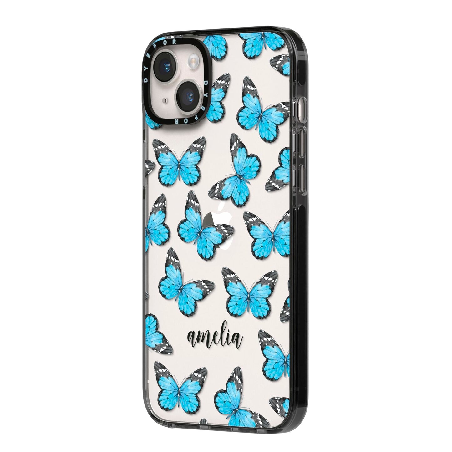 Blue Butterflies with Name iPhone 14 Plus Black Impact Case Side Angle on Silver phone