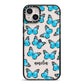 Blue Butterflies with Name iPhone 14 Plus Black Impact Case on Silver phone