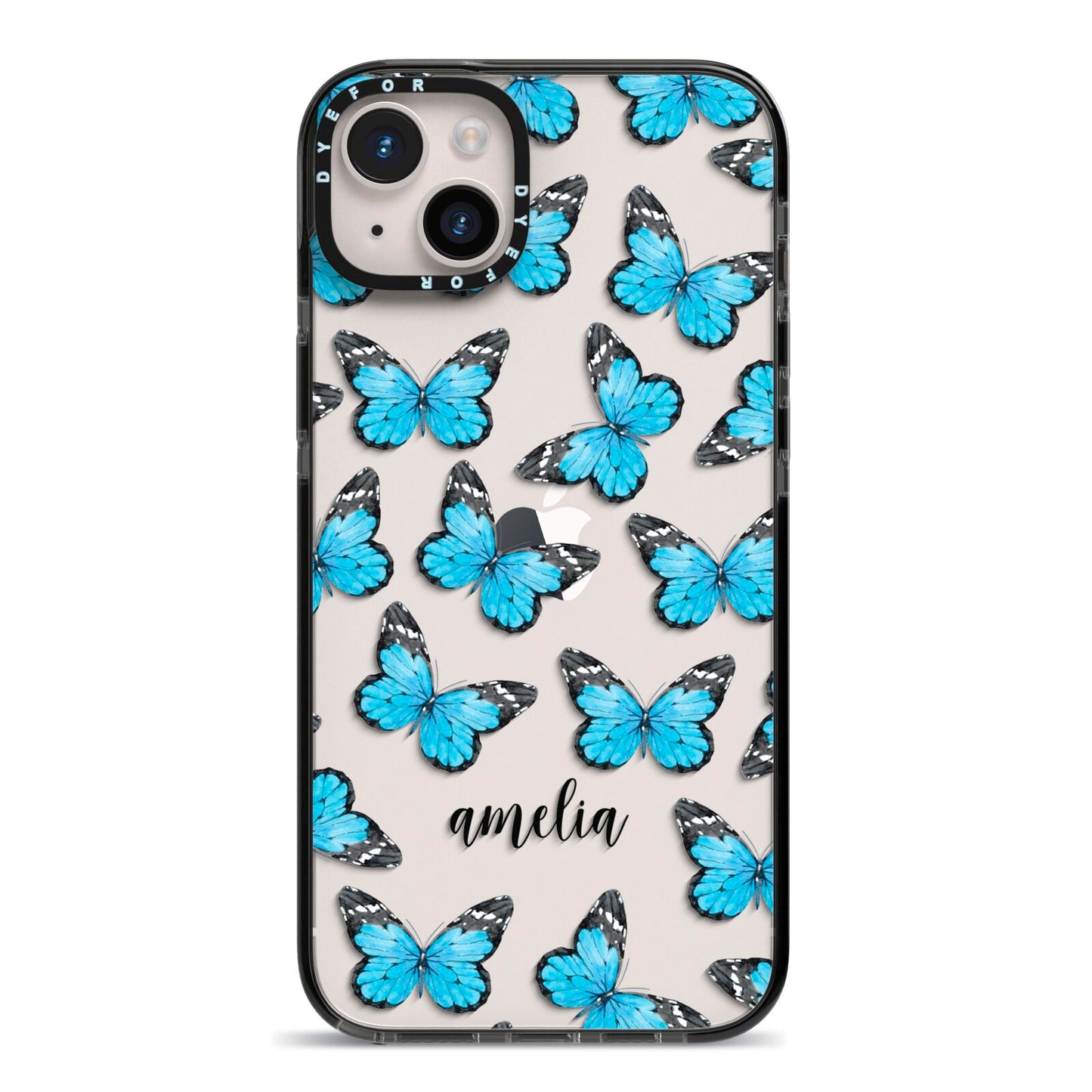 Blue Butterflies with Name iPhone 14 Plus Black Impact Case on Silver phone