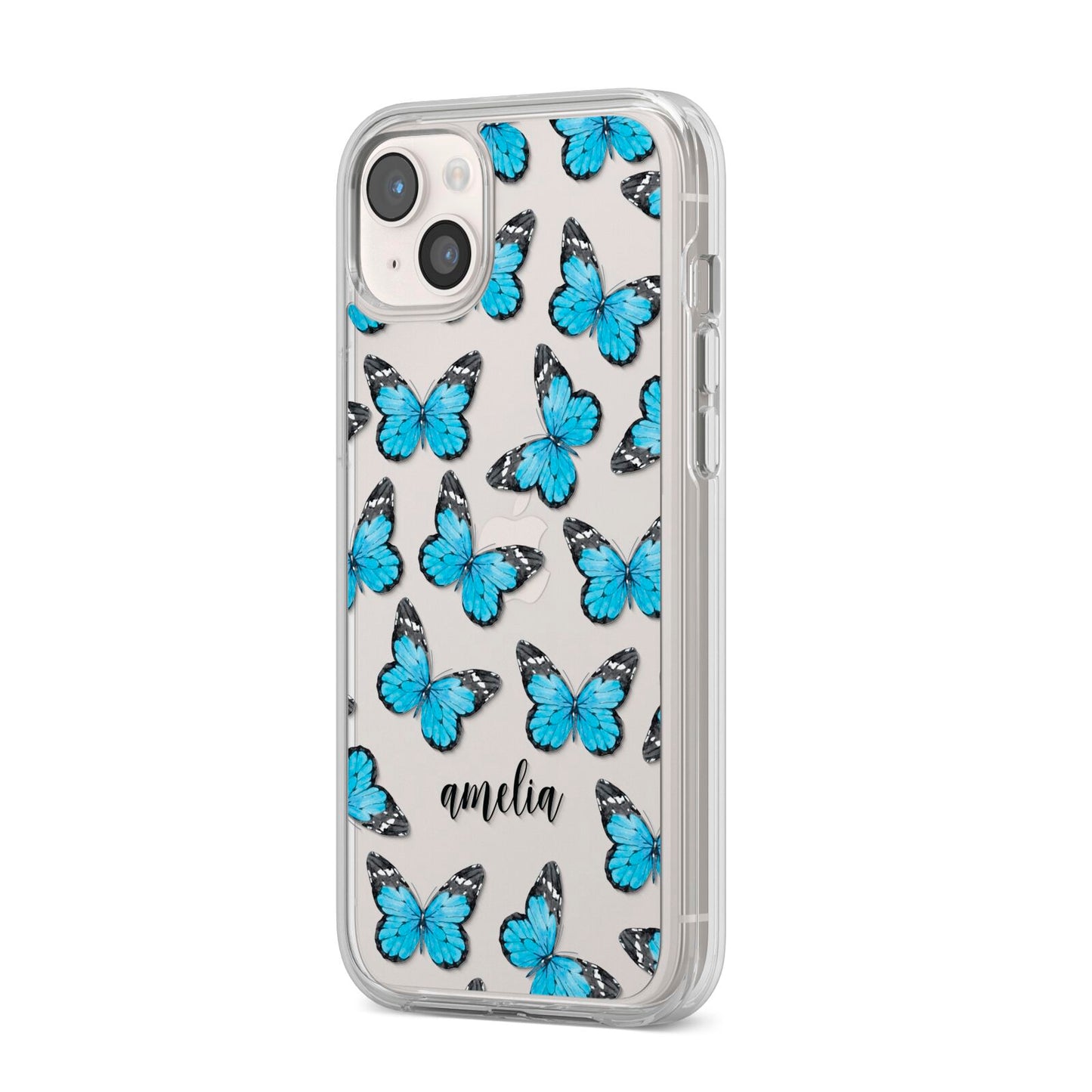 Blue Butterflies with Name iPhone 14 Plus Clear Tough Case Starlight Angled Image
