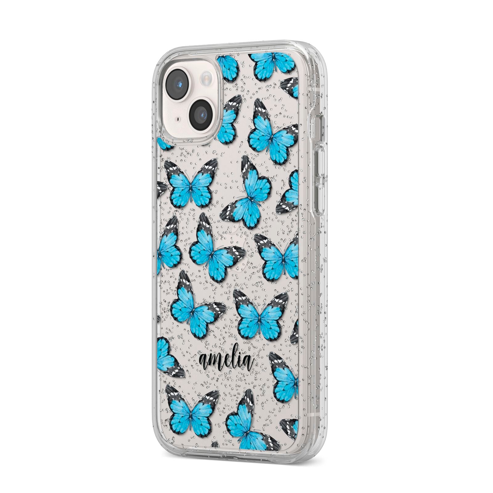 Blue Butterflies with Name iPhone 14 Plus Glitter Tough Case Starlight Angled Image