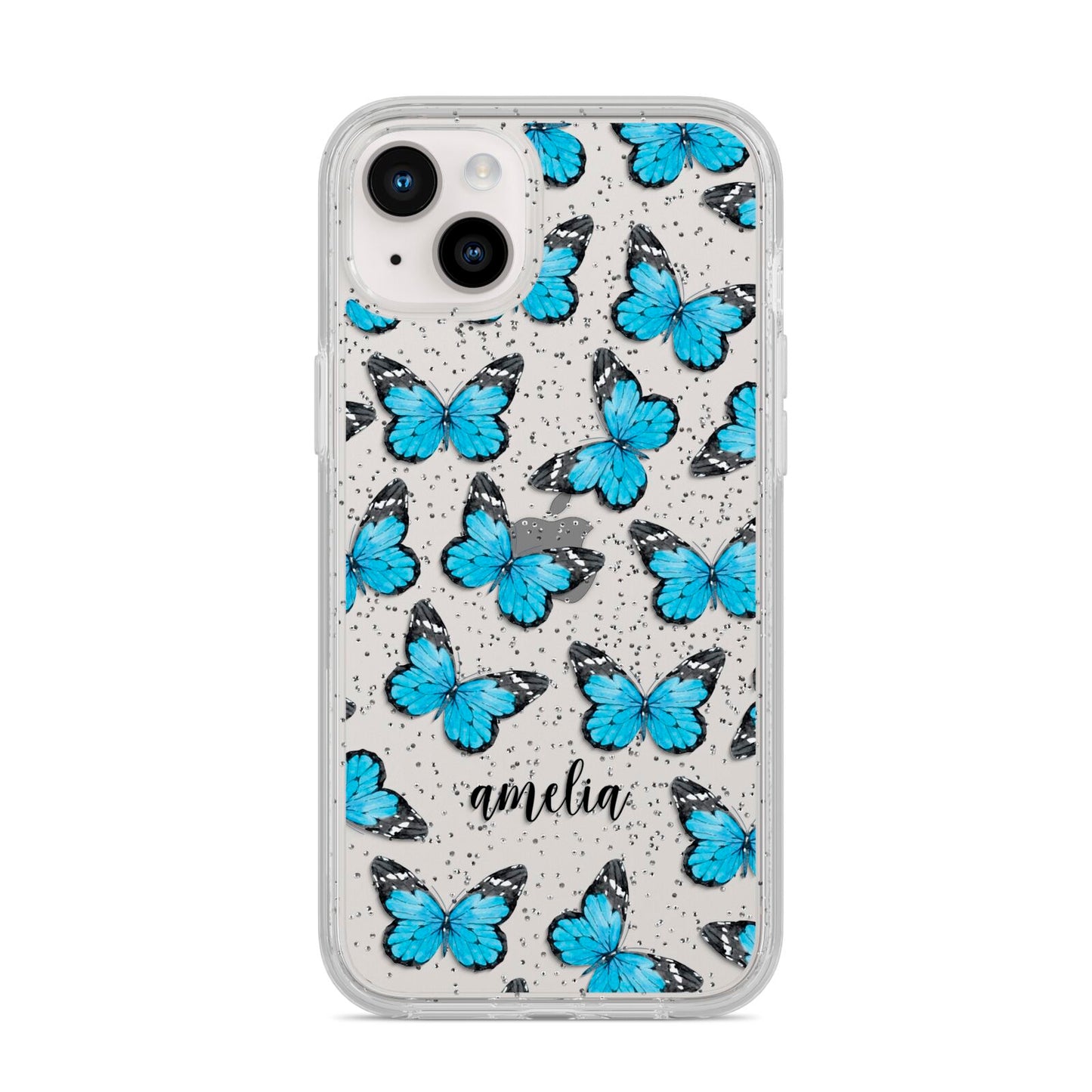 Blue Butterflies with Name iPhone 14 Plus Glitter Tough Case Starlight