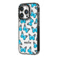 Blue Butterflies with Name iPhone 14 Pro Black Impact Case Side Angle on Silver phone